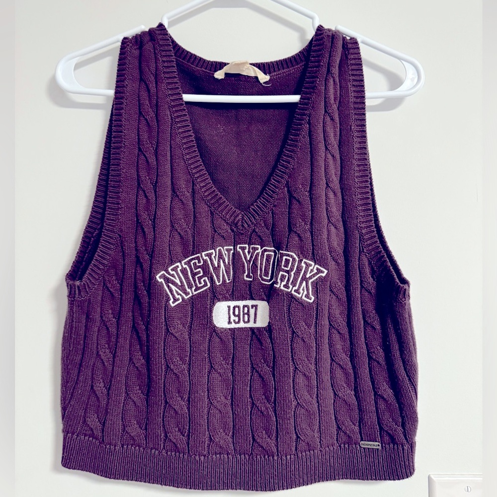 New York Cropped Cable V-Neck Sweater Vest from Aeropostale